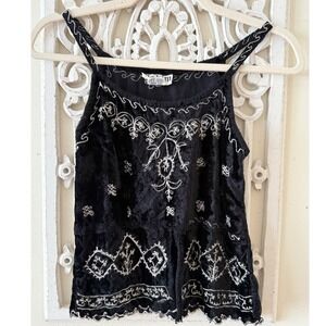 90s VTG Ashim Black Velvet Embroidered Tank‎ Top Sleeveless Bohemian Festival